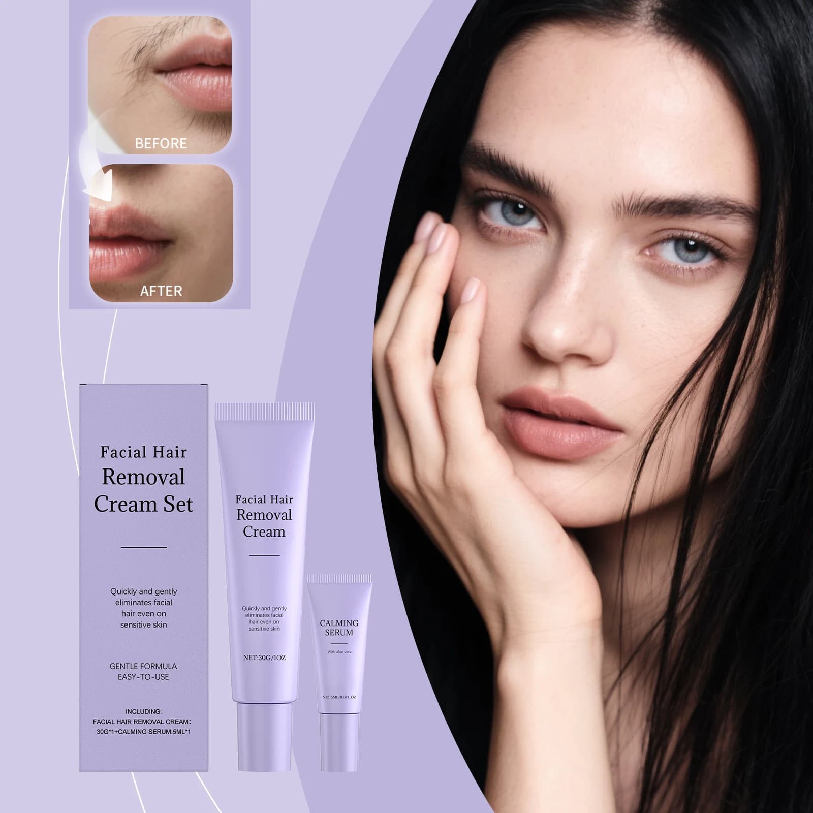 Kit d'épilation du visage avec sérum de soin, crème dépilatoire douce pour une peau du visage lisse et bien entretenue