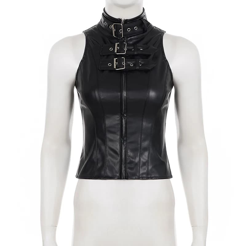 SUCHCUTE – gilet rétro Punk en cuir Pu pour femmes, avec couverture de manches, gothique, noir, sans manches, col roulé, vêtements décoratifs en