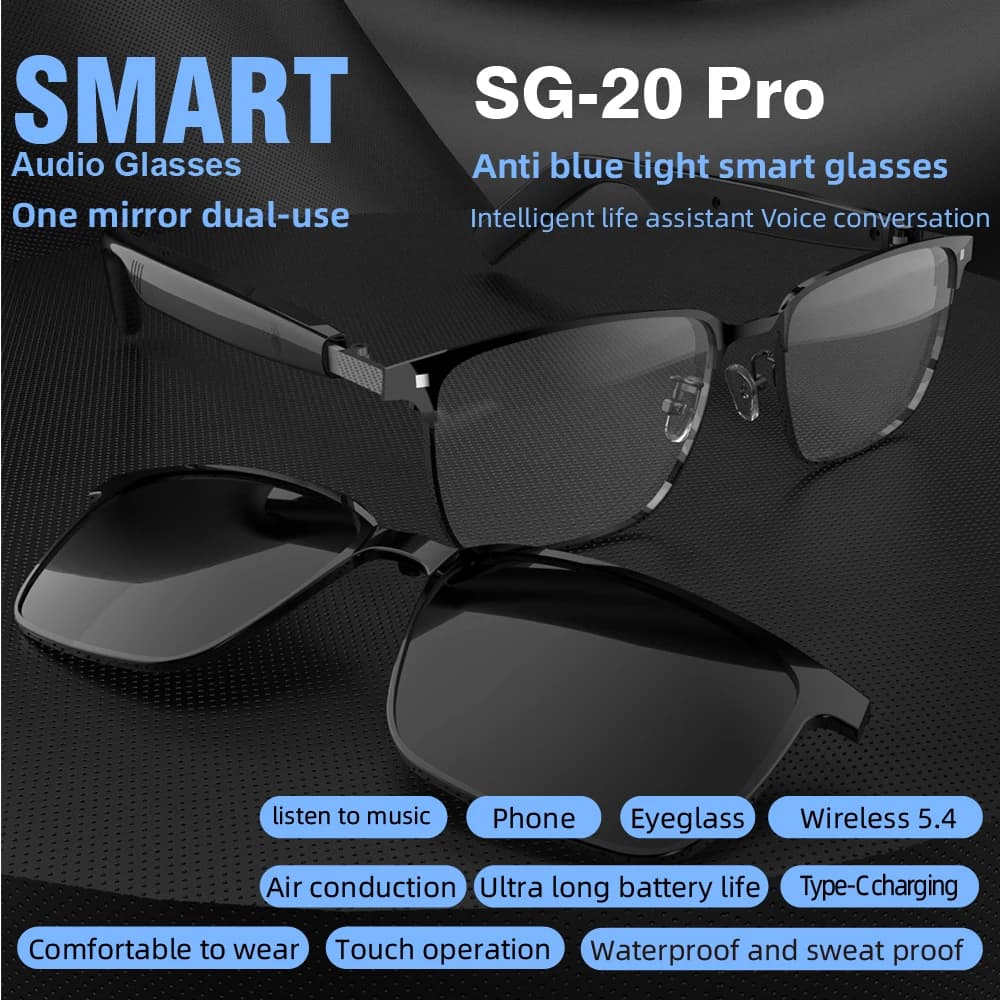 Nouveau SG-20 Pro lunettes intelligentes appel sans fil lecture de musique lunettes de soleil plein cadre avec lumière bleue Protection UV lunettes