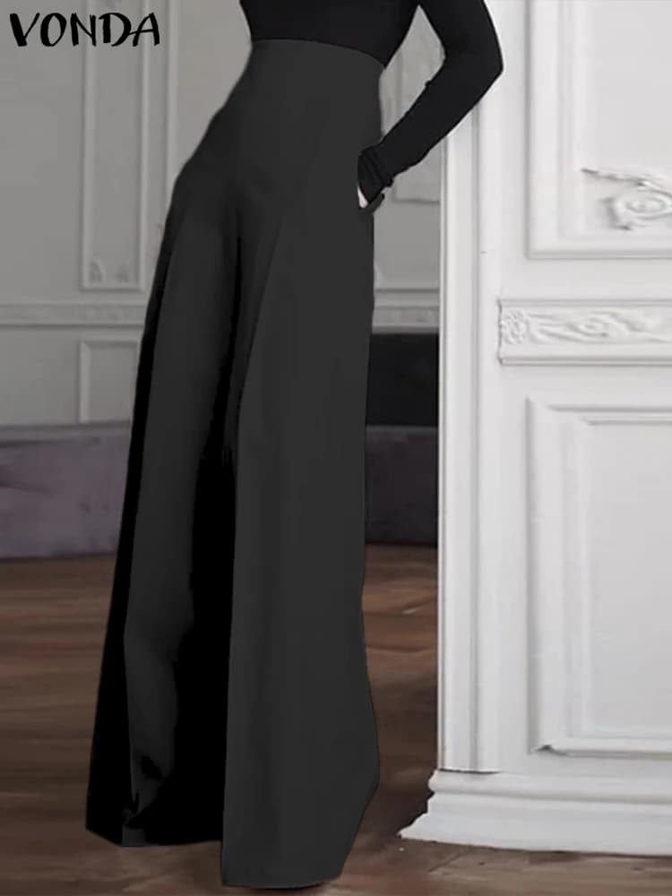 VONDA été femmes élégant bureau Pantalon mode taille haute Pantalon à jambes larges fermeture éclair décontracté solide Pantalon élégant