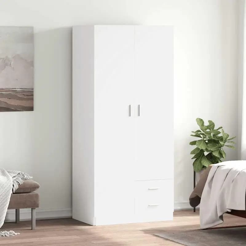 vidaXL Armoire blanche 80x52x180 cm en bois d'ingénierie avec 2 tiroirs et espace de suspension pour le rangement des vêtements, montage facile