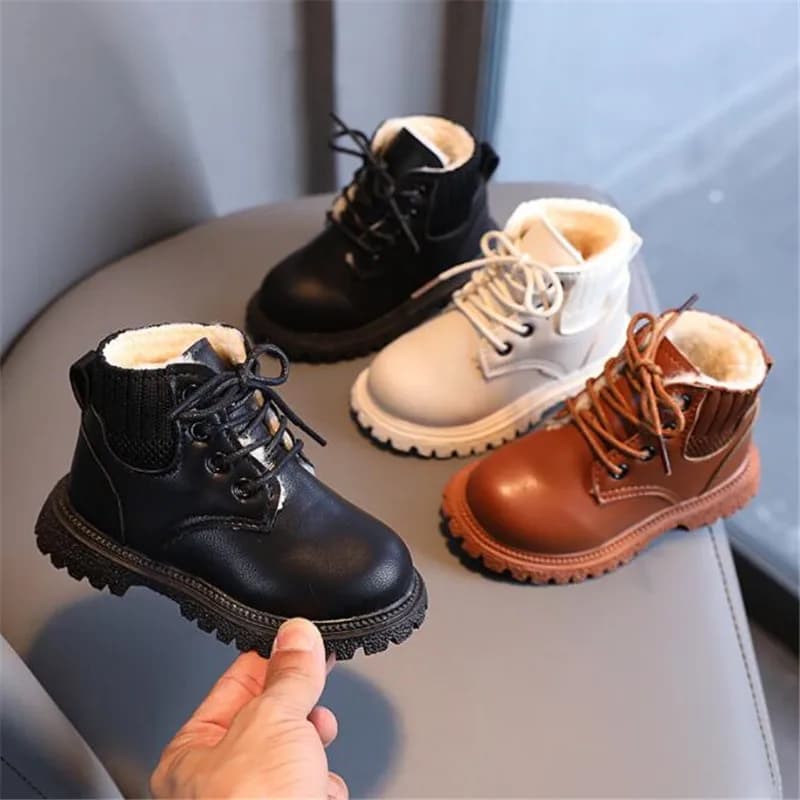 Bottes de neige imperméables en cuir pour enfants, baskets beiges pour tout-petits, chaussures d'hiver pour filles et garçons
