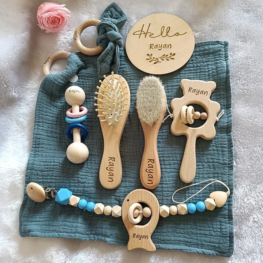 Coffret cadeau de jouet de bain pour nouveau-né avec nom personnalisé, jouet hochet pour bébé, plaque signalétique de naissance, 0-12 mois, 8