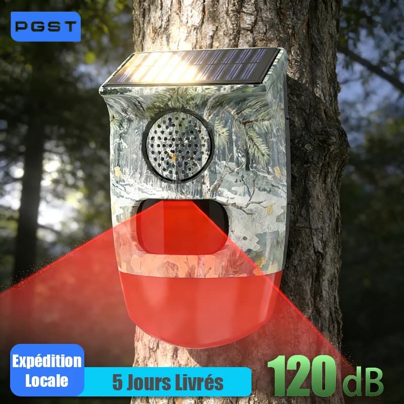 Détecteur d'alarme solaire PGST 120 dB, capteur de mouvement infrarouge PIR, sirène, protection de sécurité domestique, extérieur, anti-animaux