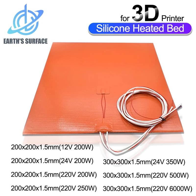 Coussin chauffant en Silicone pour lit chauffant, étanche, 200MM, 300MM, 12V, 24V, 220V, pour lit chaud Ender3 CR10, 200/350/500/600W, pièce