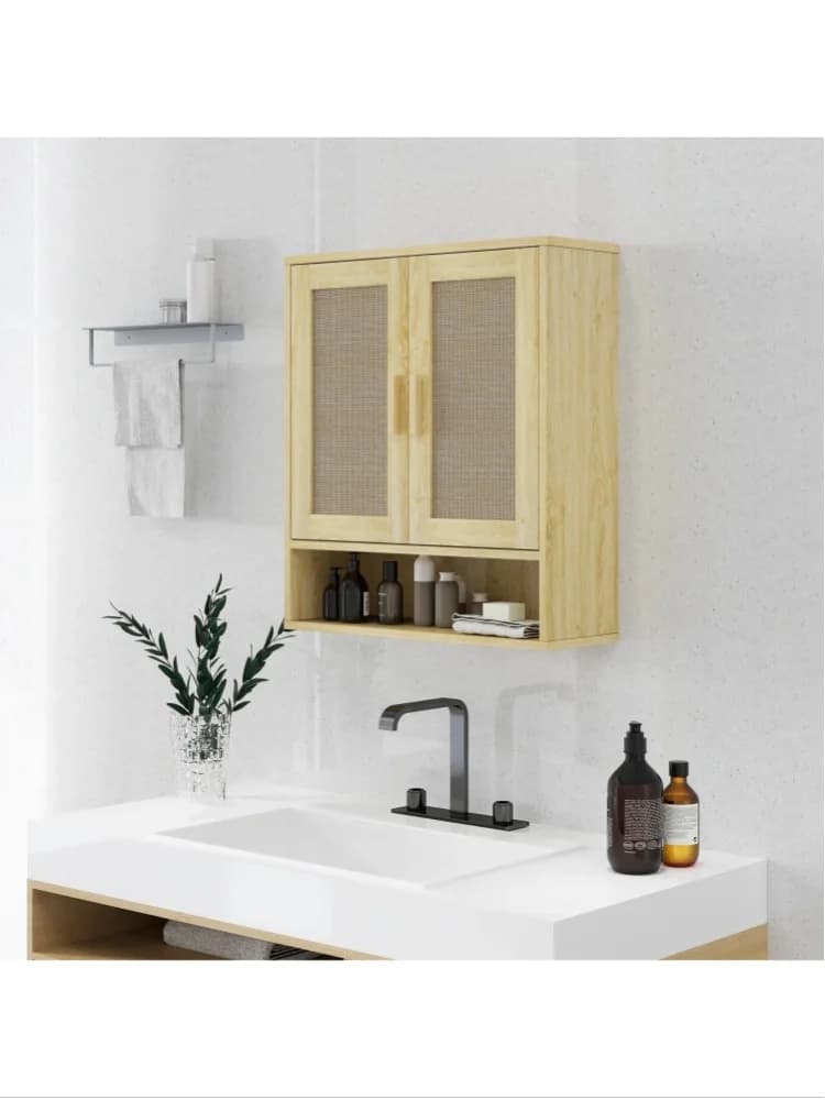 HOMCOM Meuble mural salle de bain meuble wc suspendu avec double porte et étagère ouverte 59 x 20 x 66,5 cm effet bois de chêne