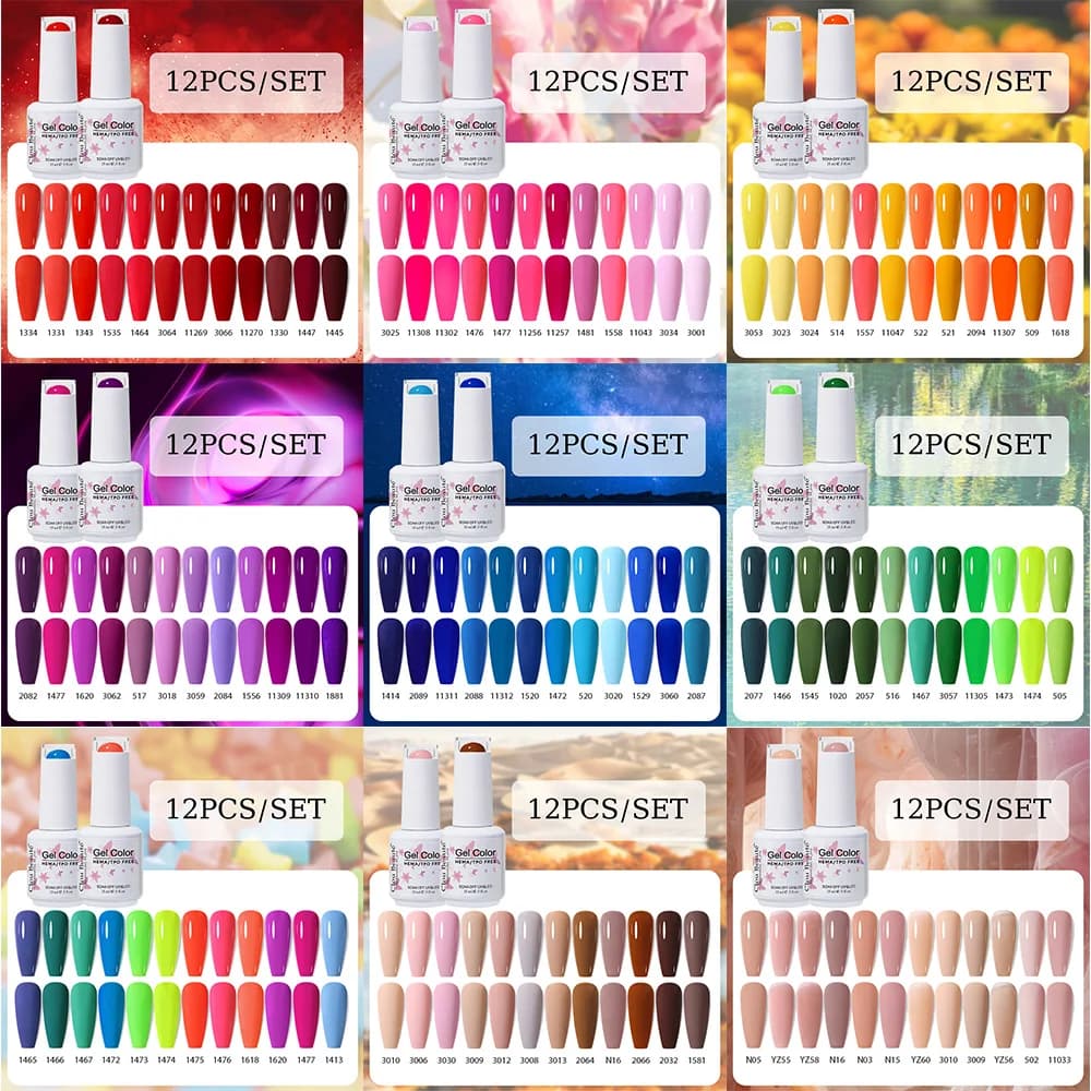 Clou Beaute - Ensemble de 12 vernis à ongles en gel sans TPO ni HEMA - Rouge, rose, nude, vert, jaune, violet - Gel UV - Vernis à ongles