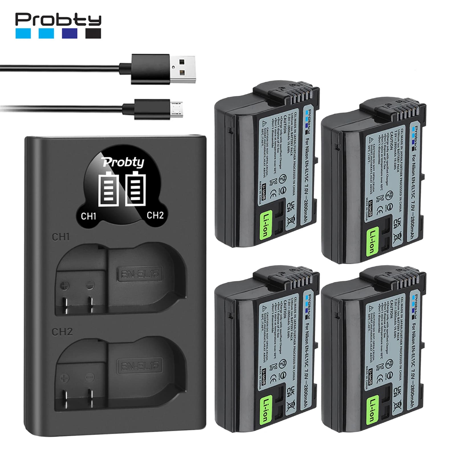 Probty – batterie d'origine EN-EL15C EN-EL15 + double chargeur USB LED, pour Nikon Z5,Z6,Z6 II,Z7,Z7II D600 D610 D600E D800 D810 D800E D810