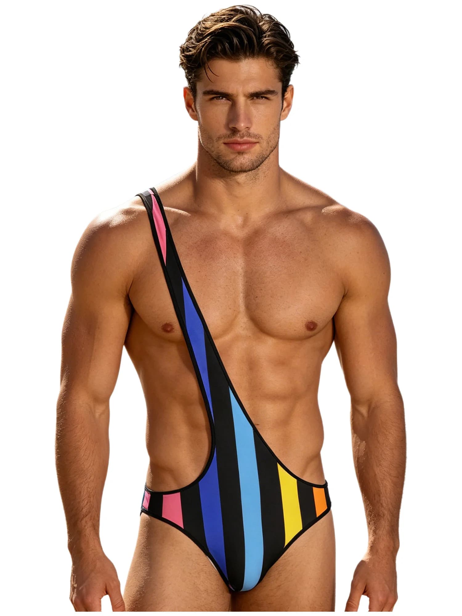 Maillot de bain une pièce pour homme, rayé, à une épaule, style string, séchage rapide, Mankini, pour piscine et bain de soleil