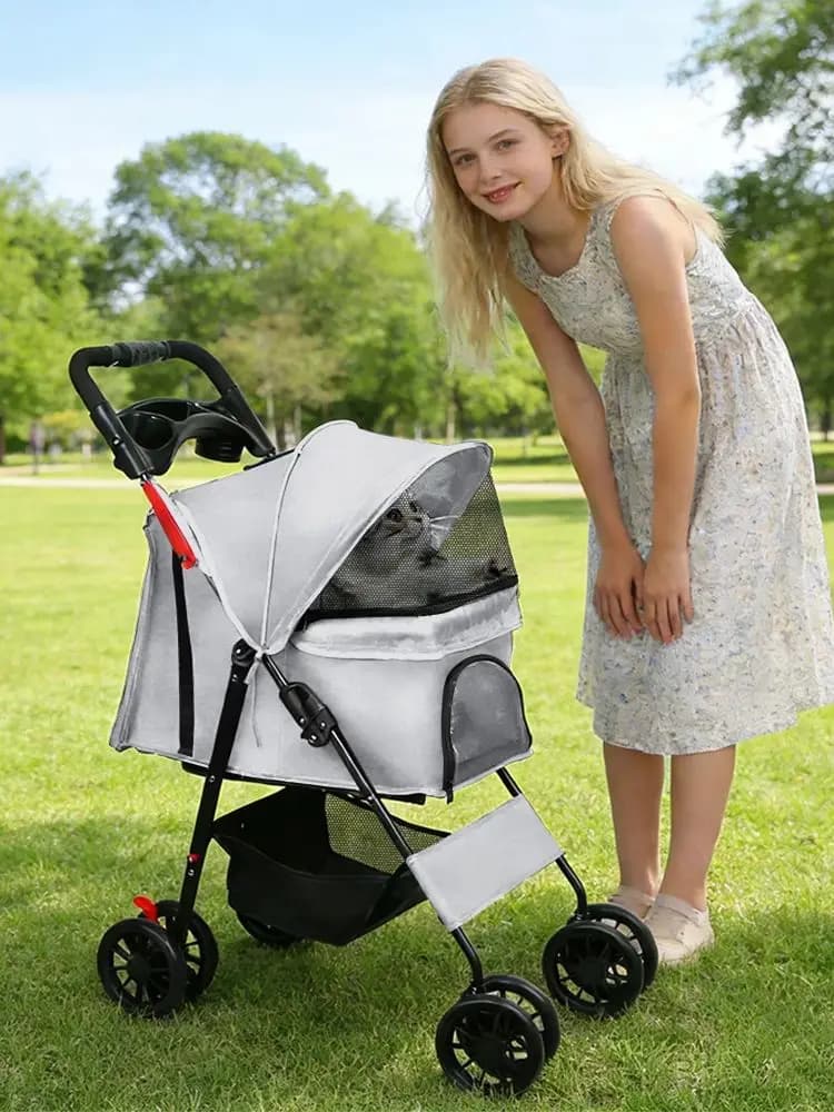 Poussette Chien 61L x 48l x 99H cm Pliable Imperméable Tissu 300D Oxford 4 Roues Noir/Gris/Rose/Bleu