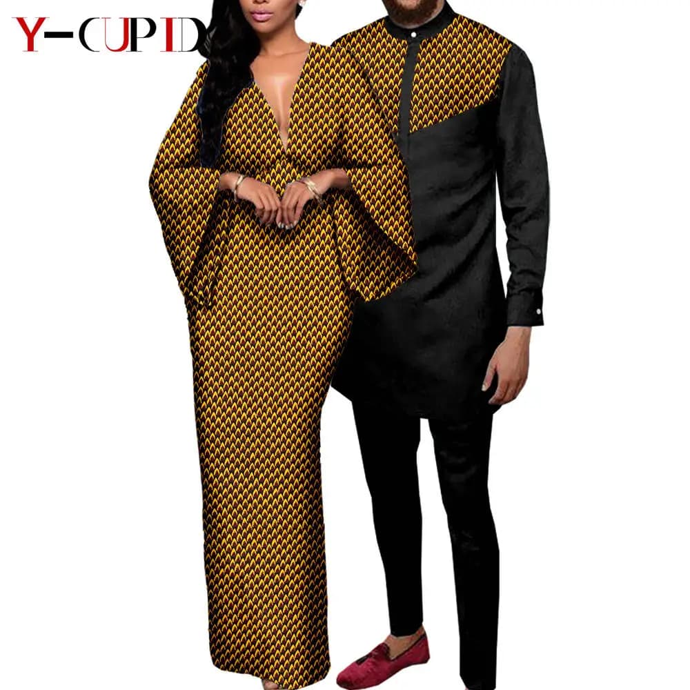 Vêtements de Couple imprimé africain, robes longues à col en V profond pour femmes, tenues assorties pour hommes, ensembles chemise et pantalon