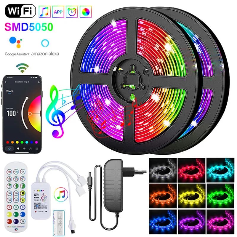 Bandes lumineuses LED intelligentes avec synchronisation musicale, changement de couleur, 5050 12V Tuya WiFi LED RGB, ruban lumineux adhésif pour la