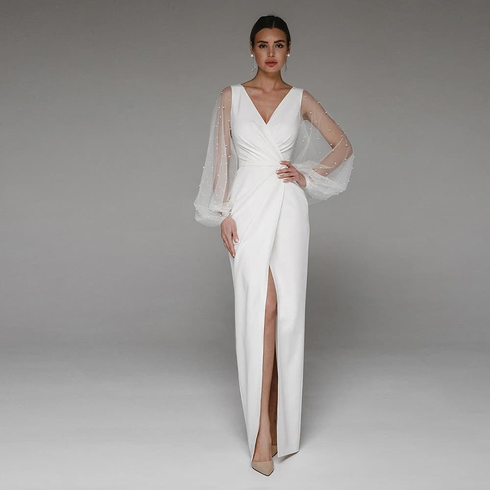 Robe De mariée De plage, gaine blanche civile, Illusion De perles, manches fendues, longueur au sol, sur mesure, col en V, Robe De Soriee