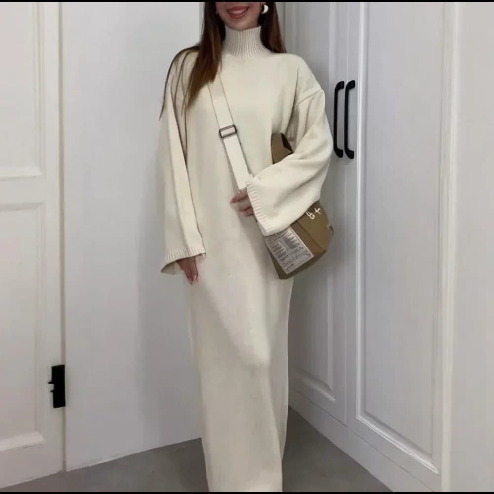 Robe tricotée à col haut pour femmes, pull de tempérament, à la mode, manches longues, couleur unie, robes longues
