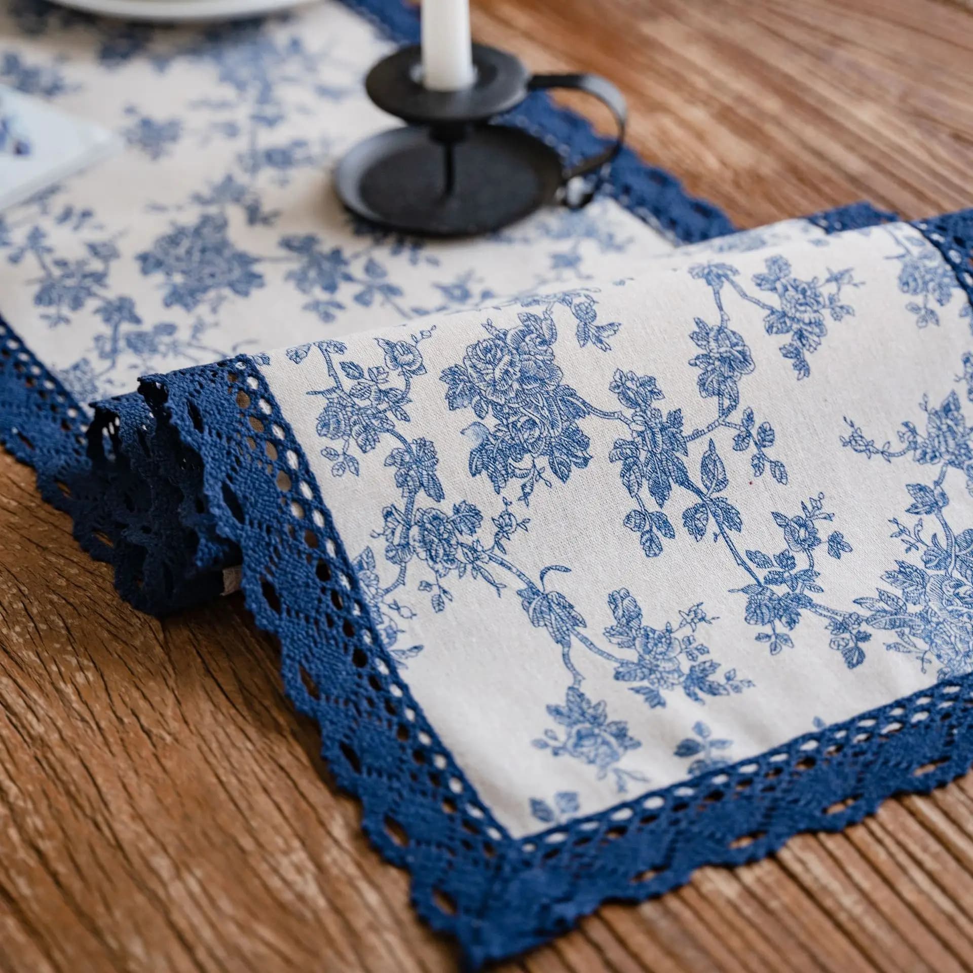 Décoration de table à manger, chemin de table, fête d'anniversaire, impression à la maison, pastorale, fleur de rose bleue, couverture de table à