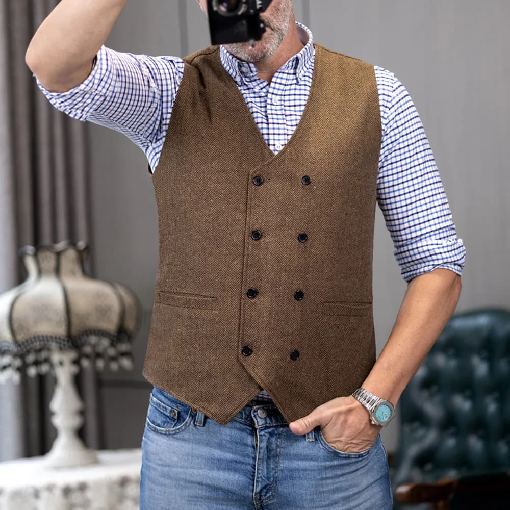 Gilet de costume à col en V pour hommes, en laine à chevrons Tweed, Double boutonnage, smoking pour garçons d'honneur pour mariage