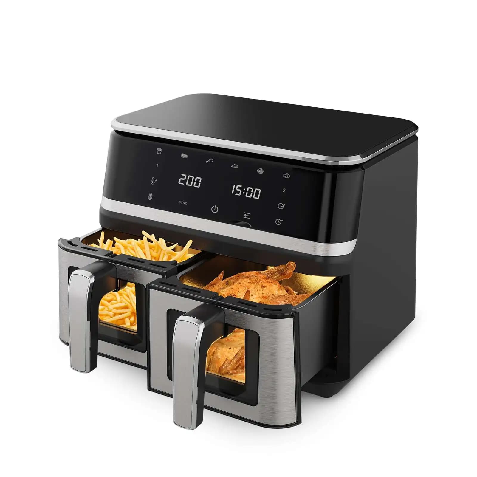 Friteuse à air chaud 8 L avec fenêtre de visualisation, 1400 W, sans huile, écran tactile numérique, 8 programmes et grande capacité.