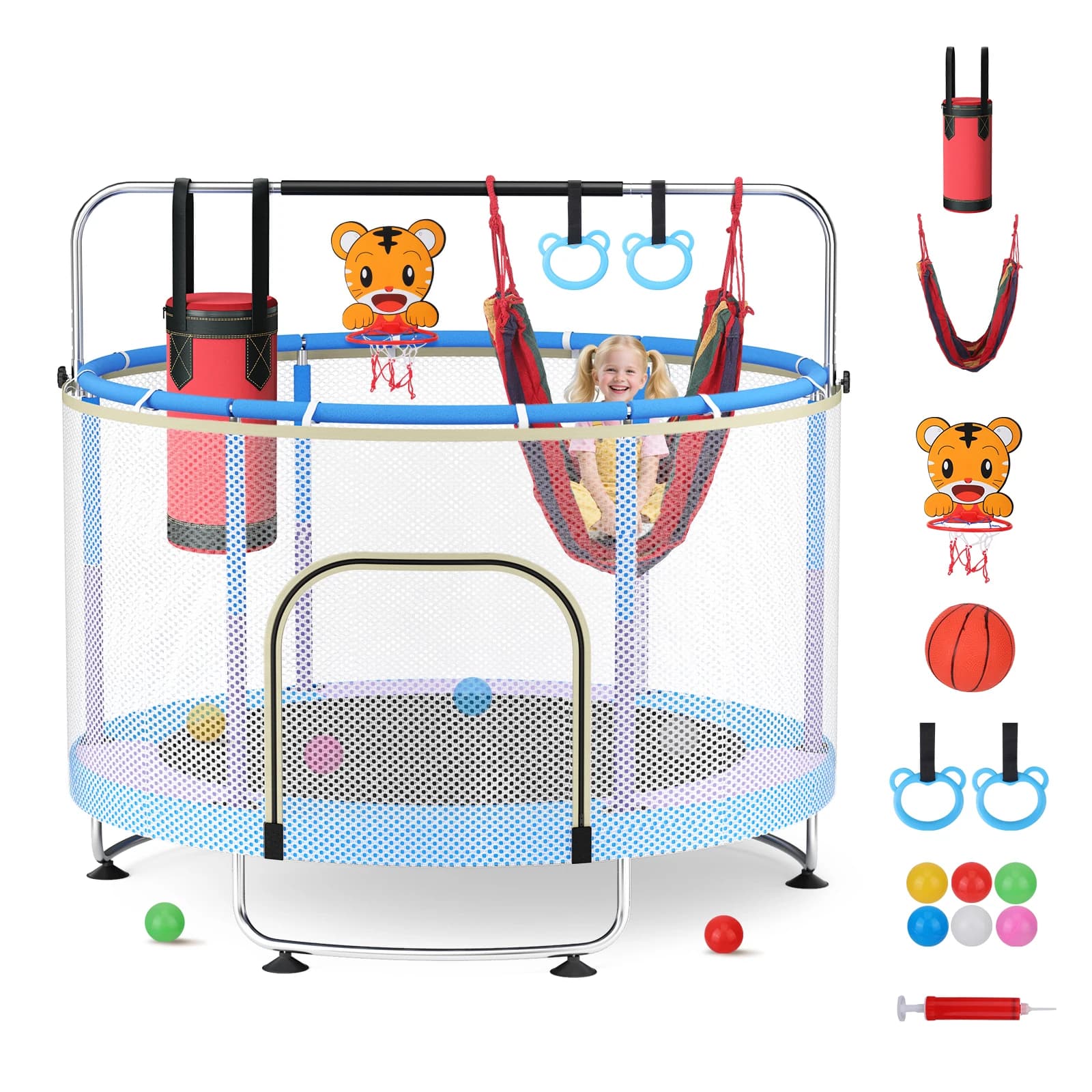 Trampoline pour enfants de 150 cm, trampoline réglable pour bébé en bas âge avec cerceau de basket-ball, balançoire, sac de sable, balles