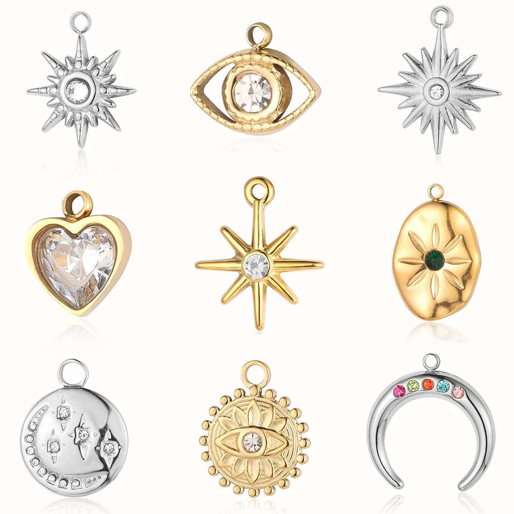 Pendentif en forme de cœur de pêche et de croissant, poli miroir, en acier inoxydable 316, breloque pour les yeux, soleil, étoile, lune, strass,