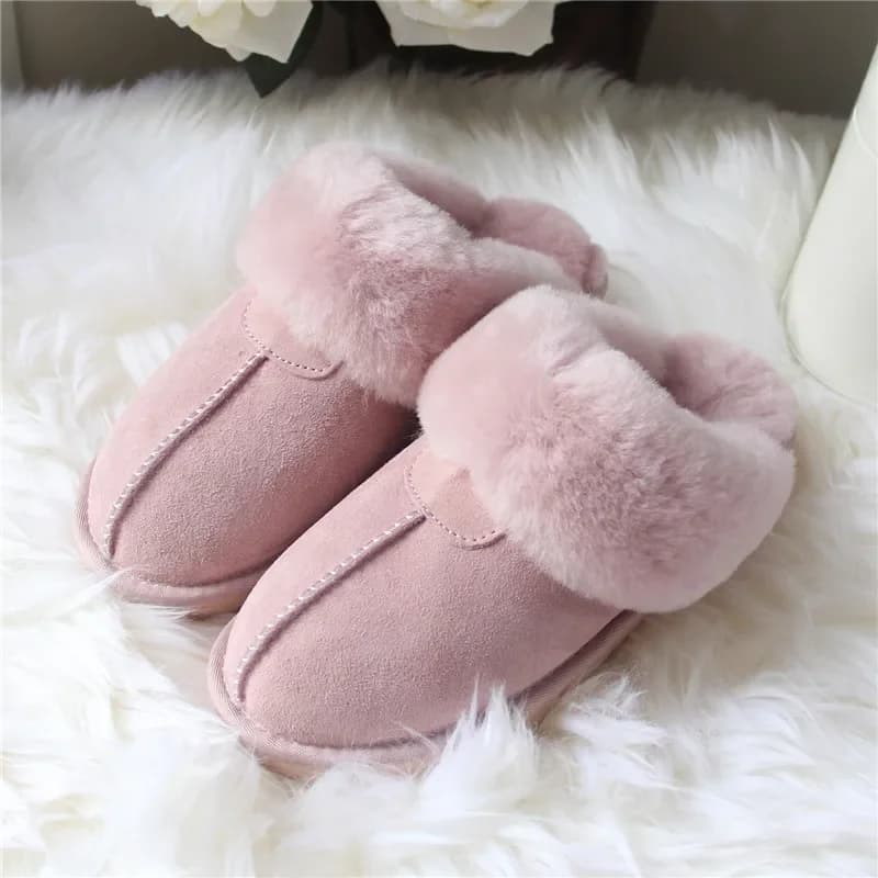 Pantoufles en fourrure de mouton naturelle pour femmes, pantoufles d'intérieur chaudes en laine douce pour l'hiver, chaussures confortables pour