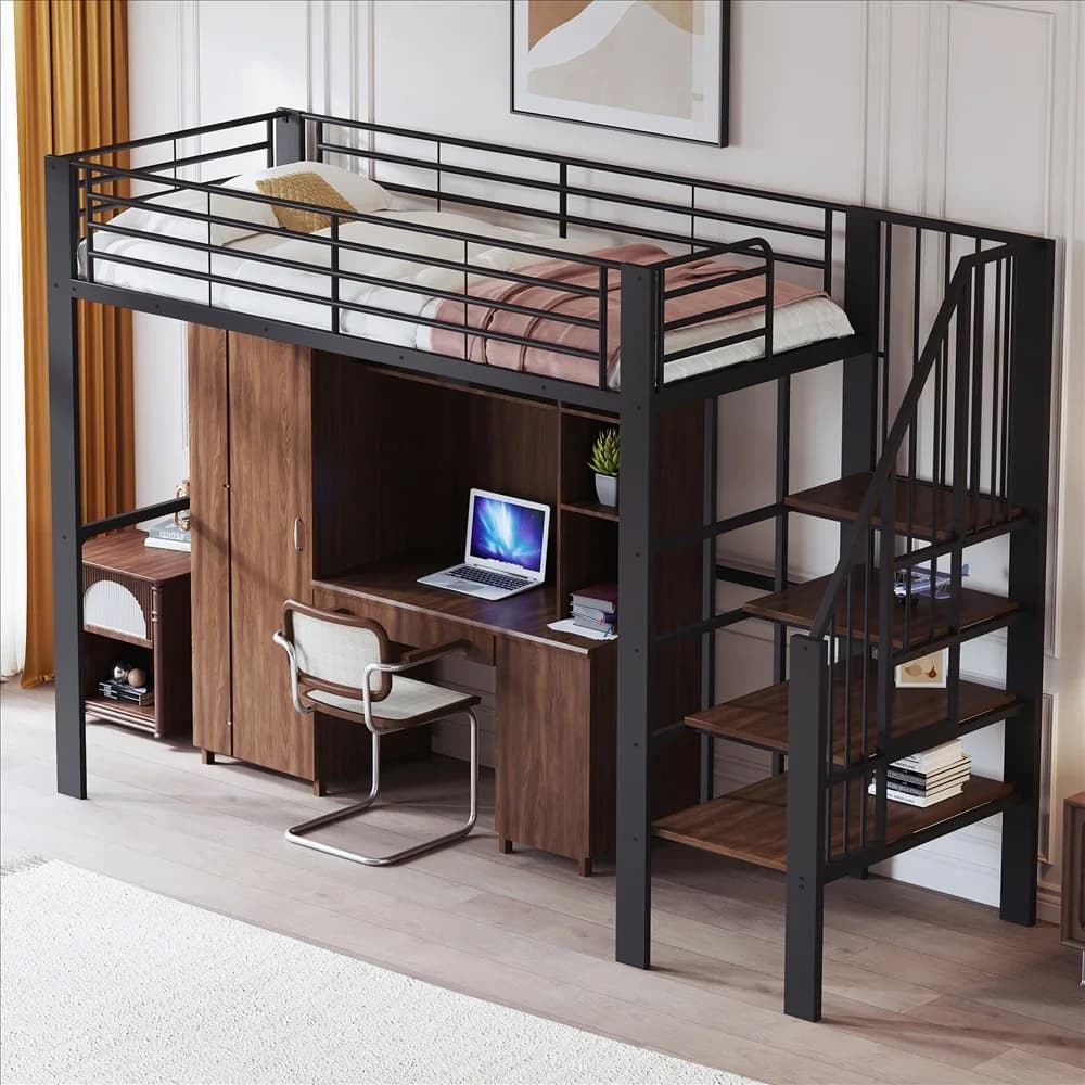 Lit surélevé en métal robuste 90*200/140*200cm avec un grand espace de rangement sous le lit, lit gain de place pour enfants et adultes, meubles de