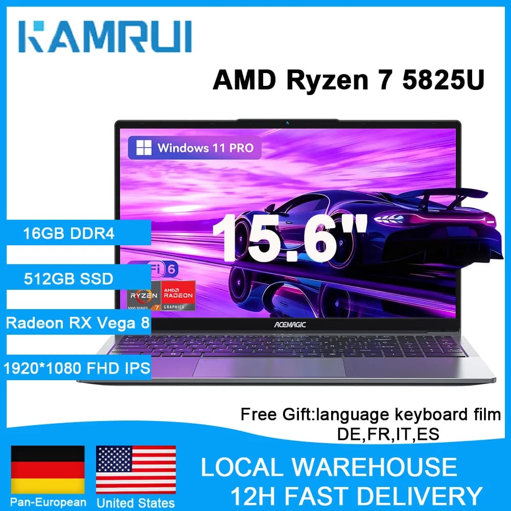 KAMRUI ordinateur portable de jeu 15.6 "IPS FHD AMD Ryzen 7 5825U/7430U 16GB DDR4 512GB NVMe SSD AMD Radeon RX Vega 8 Windows 11 PRO ordinateur