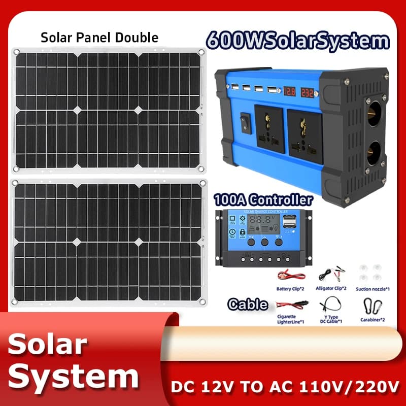 Kit d'onduleur à double panneau solaire 6000W: système portable 2x600W + contrôleur mppt 100A et onduleur 110V 220V pour camping-car/hors réseau