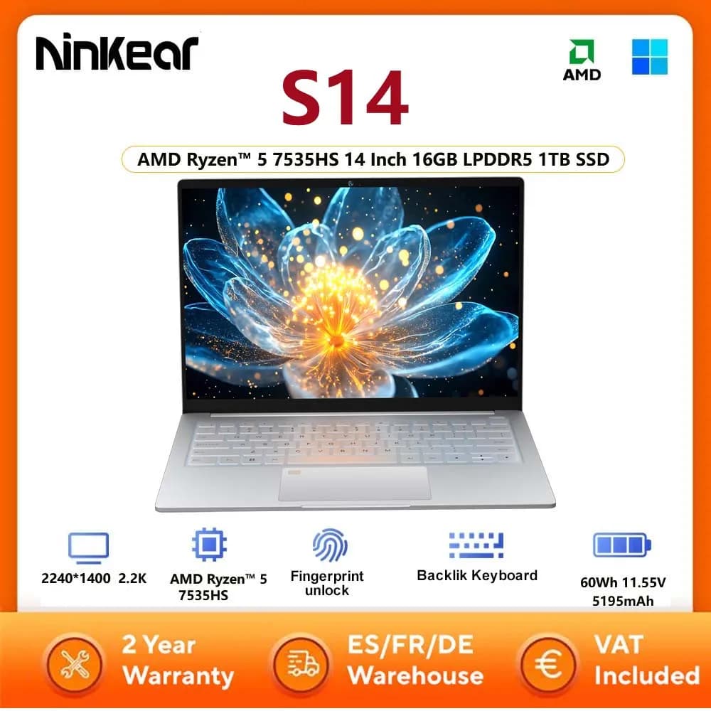 Ordinateur portable Ninkear S14 14 pouces, tablette AMD Ryzen ™ Ordinateur portable 5 7535HS 16 Go LPDDR5 1 To SSD Wi-Fi 6 avec reconnaissance
