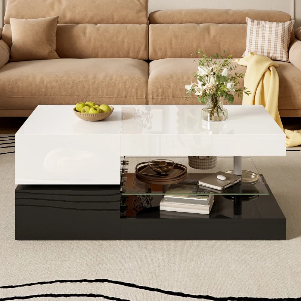 Table basse moderne avec lumière ambiante LED, commande Bluetooth via application, étagère en verre, design noir et blanc brillant, 90x45x35cm
