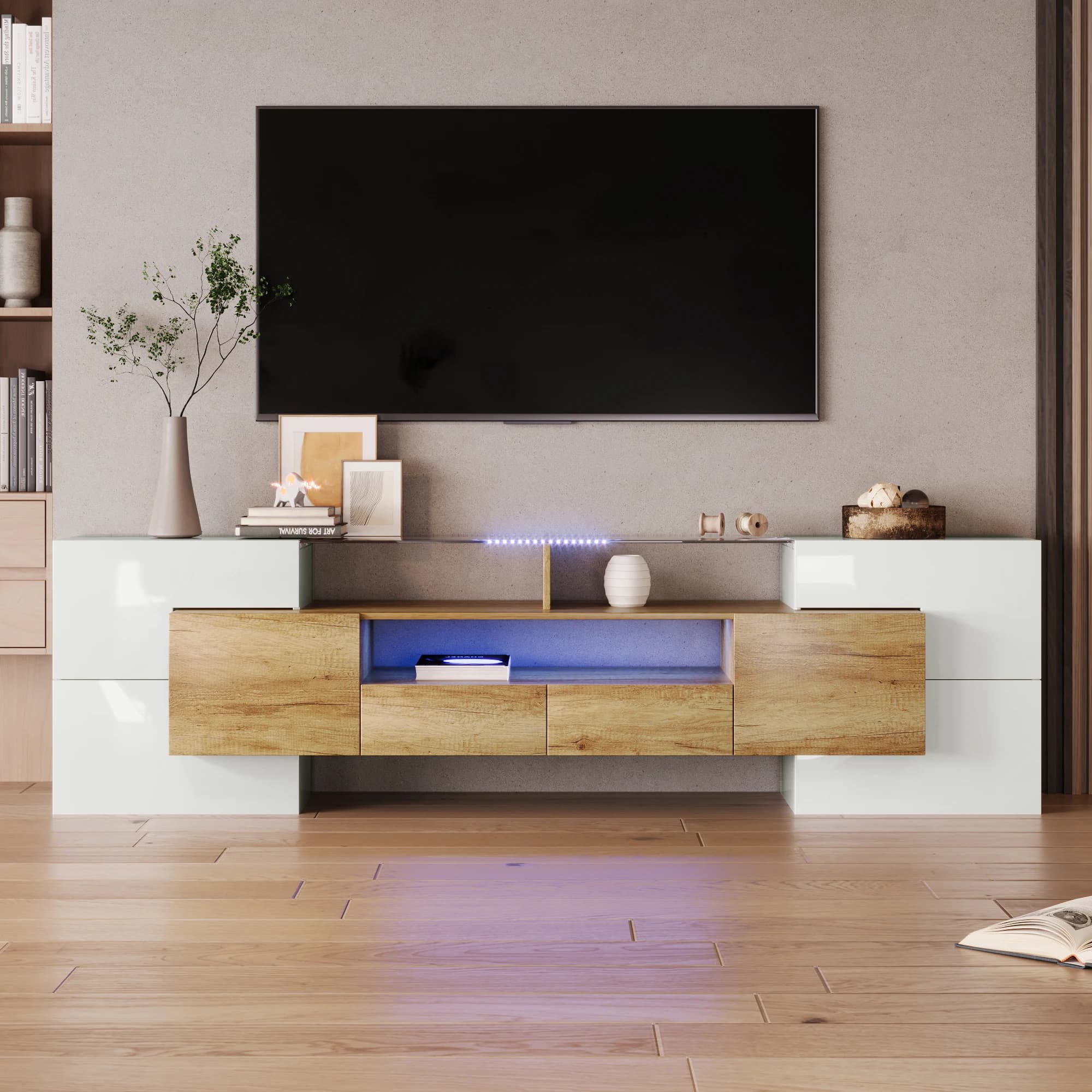 Anajqaqia Meuble TV 200 × 35 × 60 cm, meuble TV moderne, blanc brillant, éclairage LED et tiroirs de rangement, meubles de salon