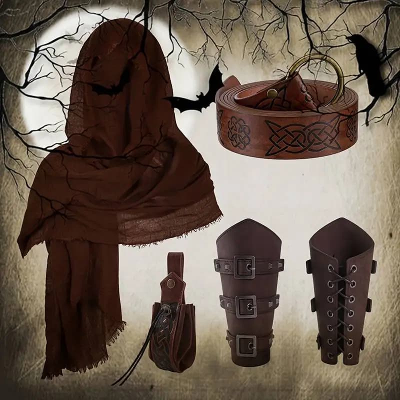 Ensemble châle et protège-bras d'alchimiste Vintage, 5 pièces, enveloppes en Faux cuir pour Halloween, Cosplay, accessoires de Costume de sorcier