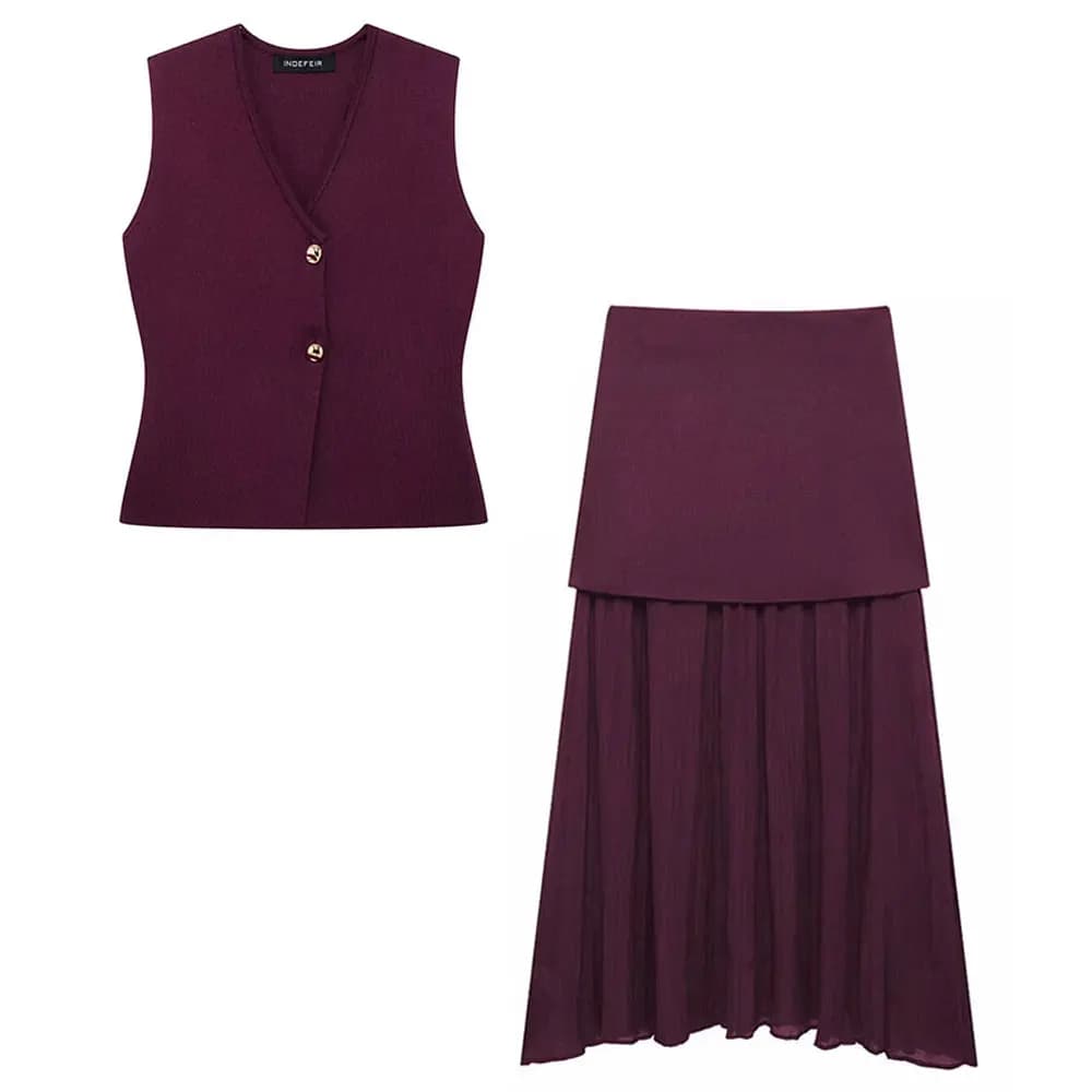 HH 2025 femmes jupe ensemble vin rouge tricoté col en v sans manches mince gilet + solide taille haute fermeture éclair Patchwork jupe longue rue