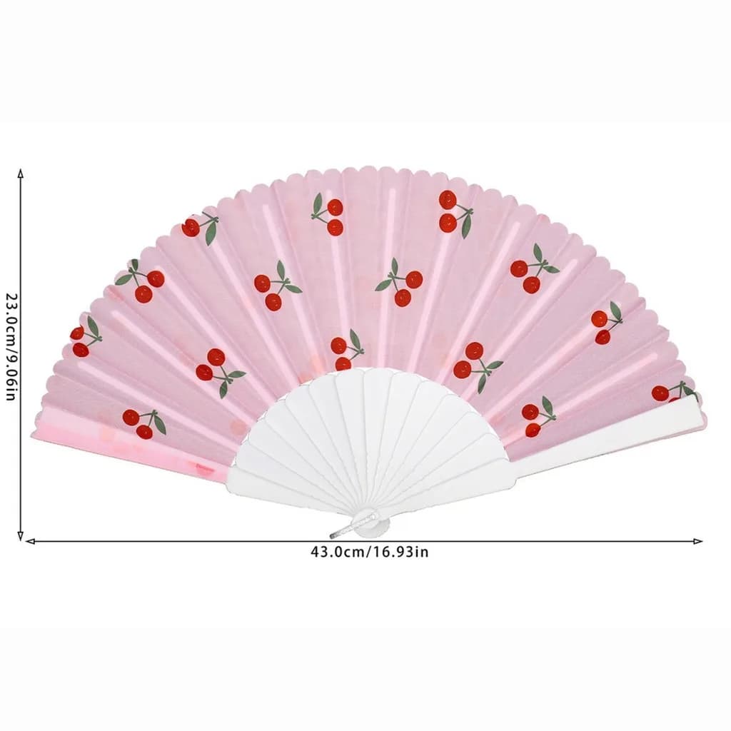 Éventail pliant d'été à motif fruits (cerise, citron), portable, avec cadre en plastique et pompon en tissu, pour femme, usage domestique