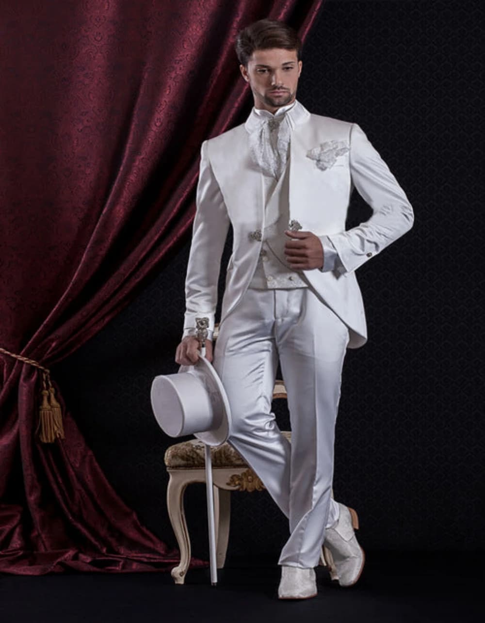 Costumes blancs vintage de style prince GroomTIME pour hommes, col montant, smokings de mariage pour marié, ensemble blazer masculin, tenue de