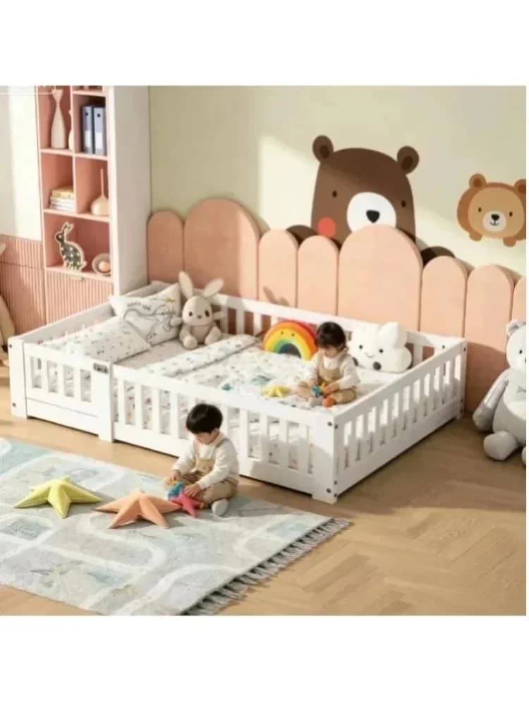 Lit Montessori pour enfants 90 x 200 cm, avec barrière et porte, lit enfant 120 x 200 cm avec protection anti-chute et sommier à lattes, lit en bois