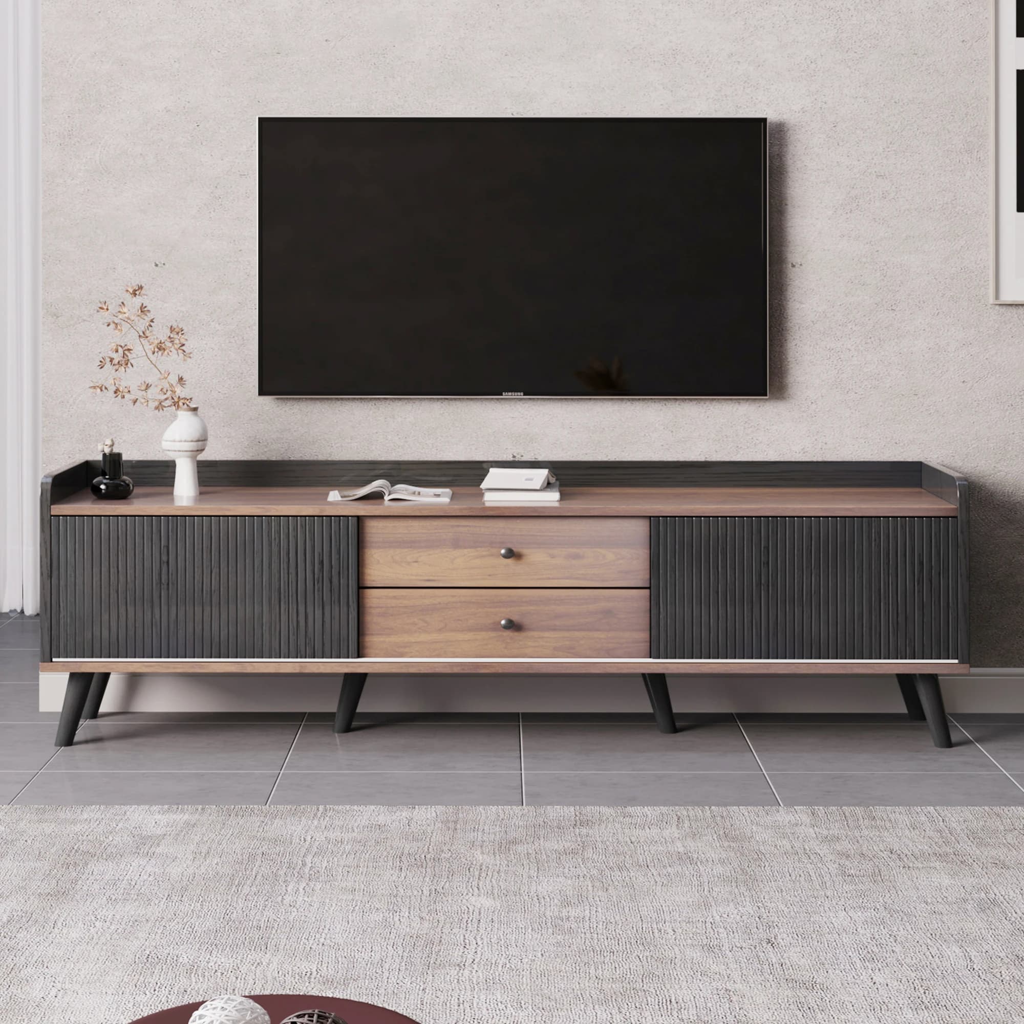 Meuble TV couleur bois noir et naturel, meuble TV, panneau bas avec portes et tiroirs, étagères H58/L160/T40 cm