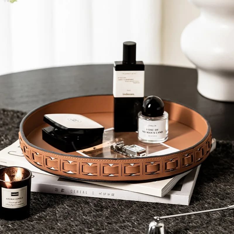 Plateau rond en cuir de luxe léger, organisateur cosmétique polyvalent et pièce maîtresse décorative pour commode de bureau, décoration