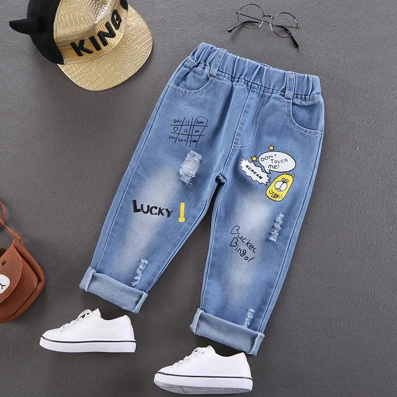 Jeans pour enfants printemps-automne, pantalon en denim extensible imprimé en coton pour garçons, style coréen, pour adolescents, vêtements pour