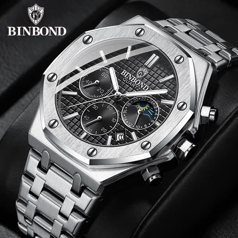 BINBOND Top marque homme montre à Quartz de luxe lumineux chronographe montre-bracelet en acier inoxydable étanche hommes Date calendrier horloge