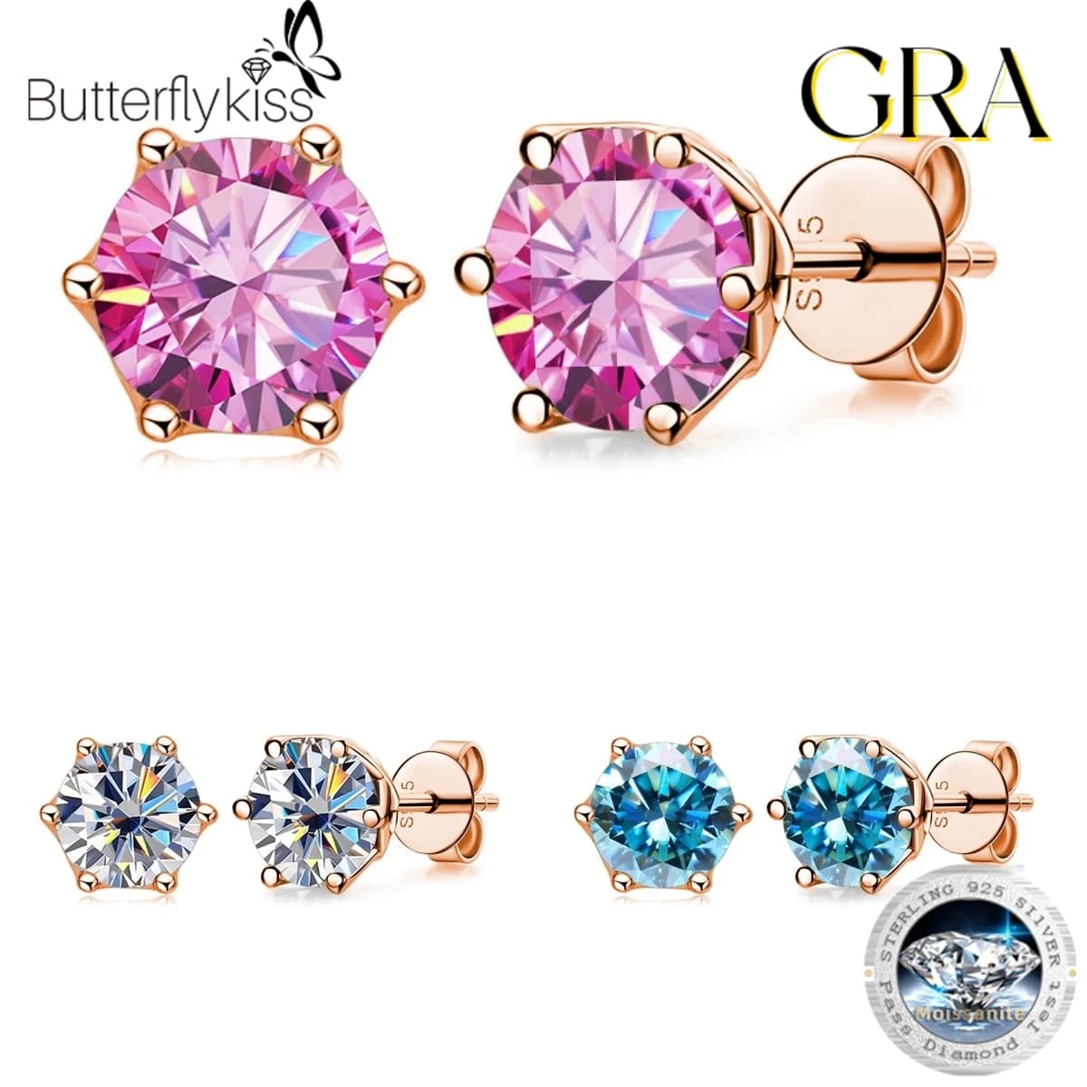 Butterflykiss 5/6.5mm Moissanite boucles d'oreilles pour femmes Couple S925 argent Sterling plaqué or Rose bijoux d'oreille de mariage cadeaux