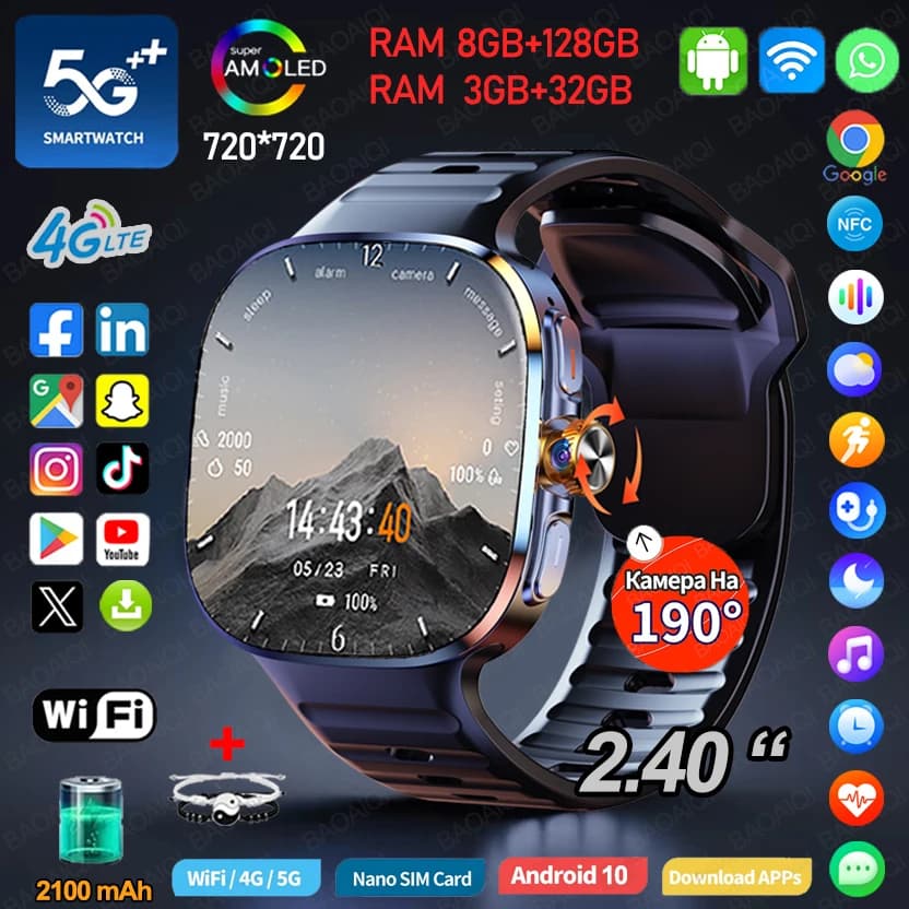 Montre connectée réseau complet 5G/4G, 720x720, AMOLED, batterie 2100mah, 8 go + 128 go de RAM, caméra 900W, GPS, WIFI, Google APPS,