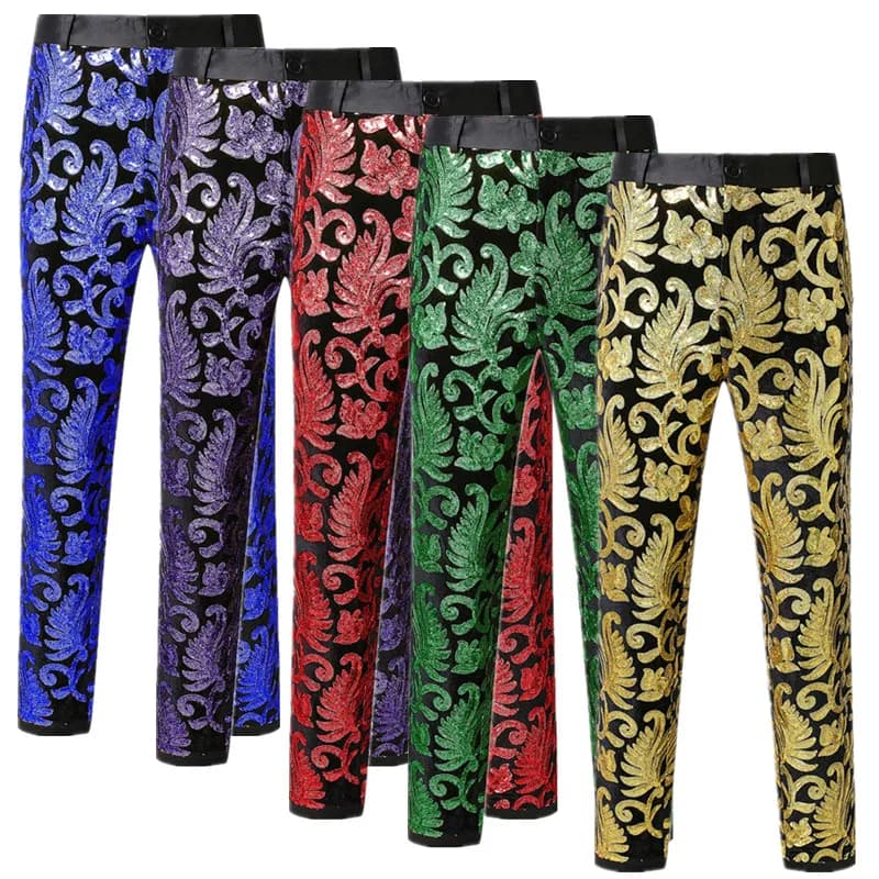 Pantalon de costume en velours noir pour hommes, or/bleu/violet, pour bal de mariage, Bar KTV, pantalon de luxe à fleurs pailletées, nouvelle