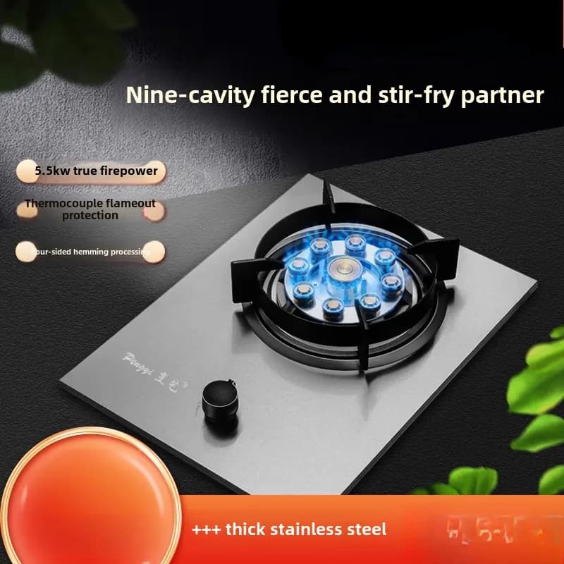 Cuisinière à gaz simple en acier inoxydable, gaz liquéfié naturel, feu domestique artificiel intégré