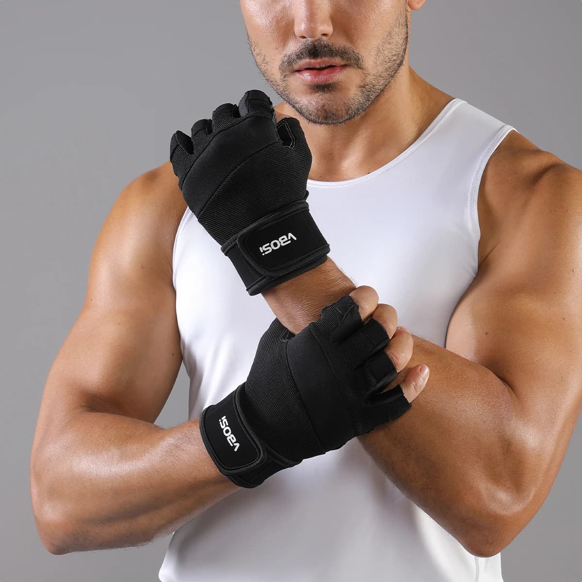 VBOSi Gants de sport demi-doigt respirants en silicone antidérapants pour support de poignet Deadlift avec sangles réglables pour femmes et hommes