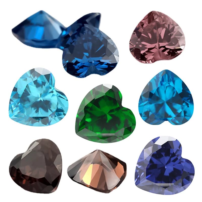 Pierre précieuse synthétique en forme de cœur, pierre de zircone cubique At contre-indiquée, pierre de mer verte et bleue, rhodolite et tanzanite,