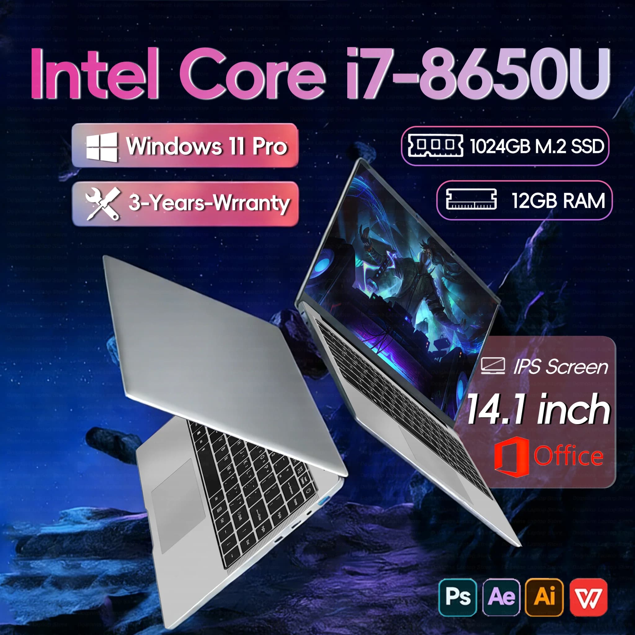 Ordinateur portable 14,1 pouces, Intel Core i7 8650U Dual Core, 12 Go de RAM, SSD 512 Go/1 To/2 To, Windows 11, PC portable gamer