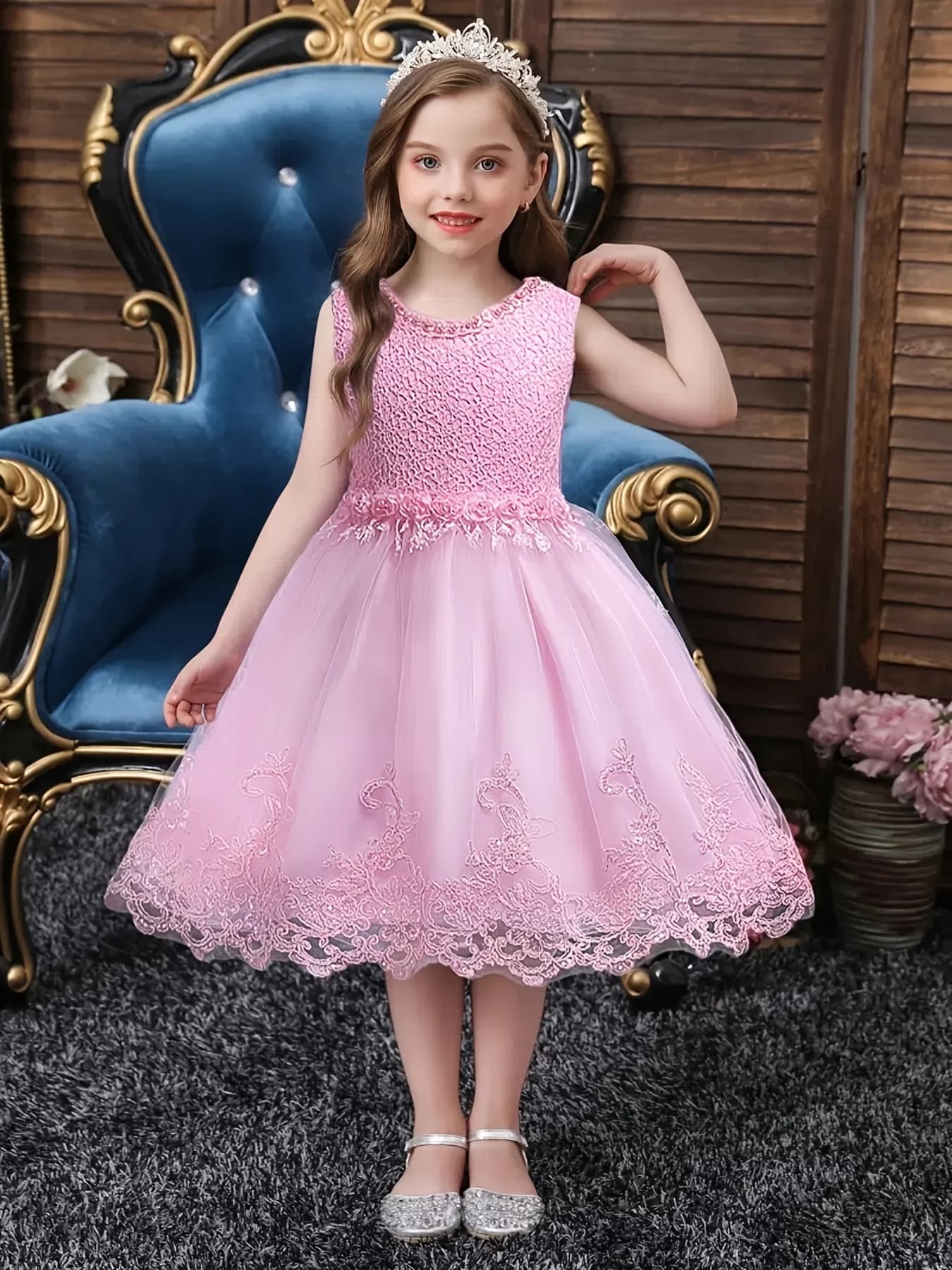 Robes de princesse florales en dentelle sans manches pour filles # 981