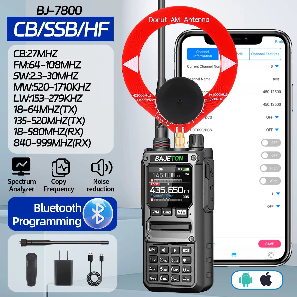BAJETON BJ-7800 talkie-walkie longue portée SW MW LW AM SSB CB 10W recevoir sans fil Bluetooth programmation téléphonique NOAA Radio