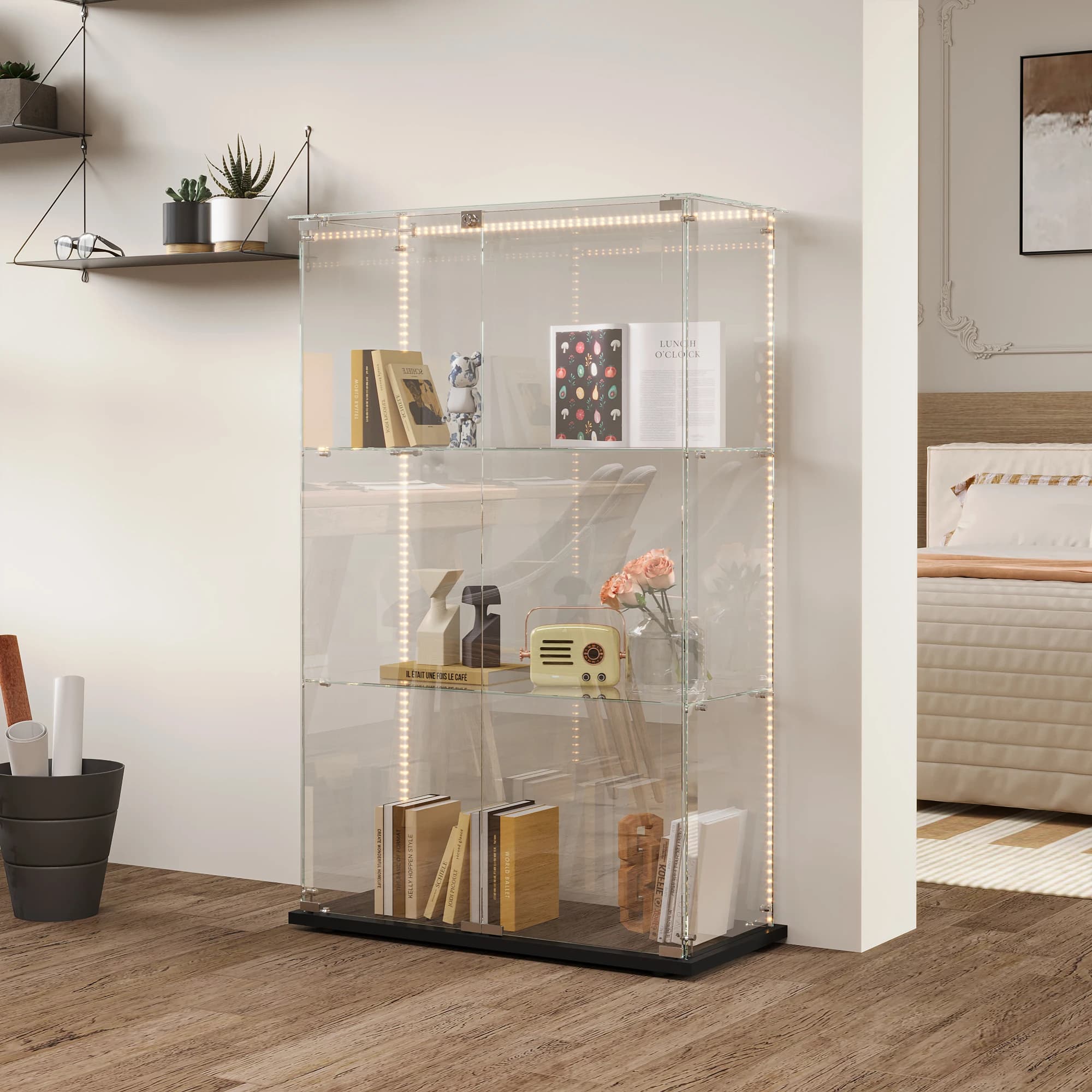 Comanlai Vitrine verrouillable à 2 portes Vitrine en verre à 3 couches avec lumières Armoire à étagère en verre pour vitrine de salon