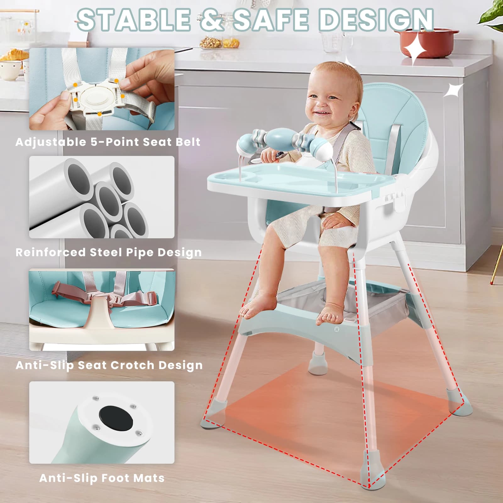 Chaise haute multifonctionnelle pour enfants, design réglable en hauteur, plateau amovible, siège robuste et sûr avec repose-pieds et espace de